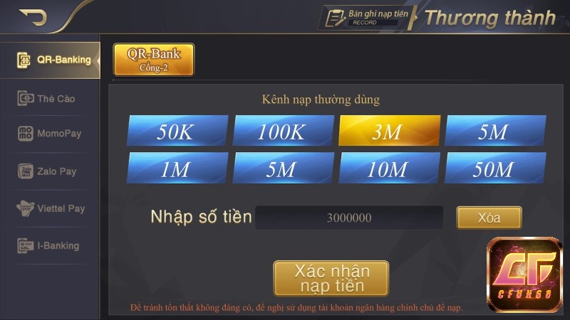 Cfun68 có nhiều hình thức nạp tiền