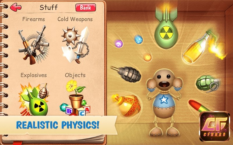 Game Kick the Buddy cho phép người chơi sử dụng nhiều loại vũ khí khác nhau để tấn công búp bê