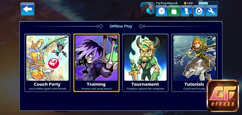 Chế độ offline có 4 loại hình là Couch Party, Training, Tournament và Tutorials