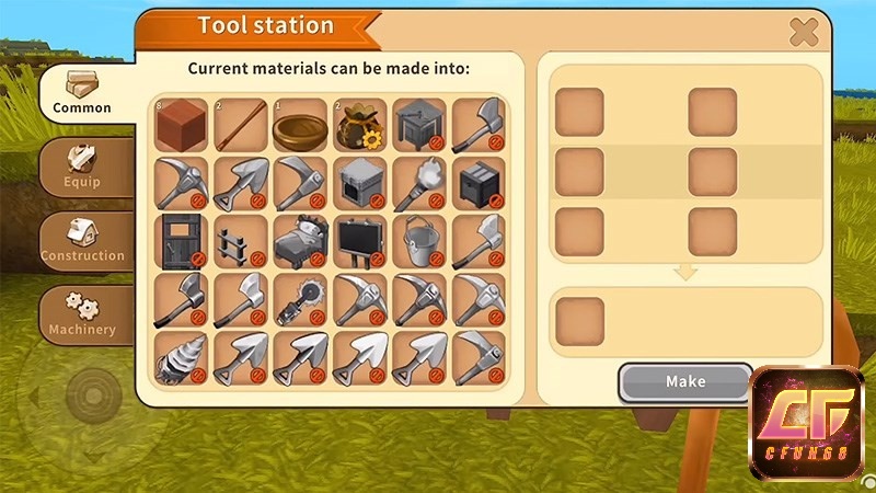 Các công cụ và nguyên liệu được thu thập và chế tạo trong game Mini World: Block Art