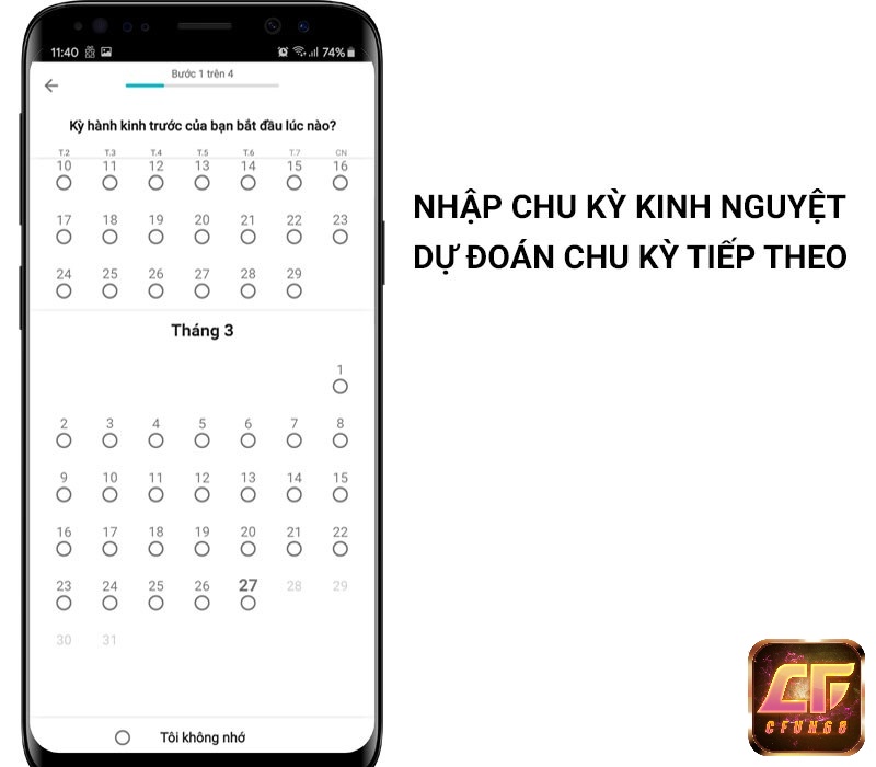 Nhập vào chu kỳ kinh nguyệt gần nhất nhằm đưa ra dự đoán cho chu kỳ kinh tiếp theo