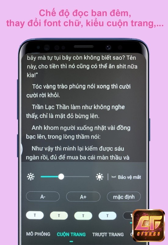 Chế độ đọc ban đêm và thay đổi font chữ cũng như kiểu cuộn trang