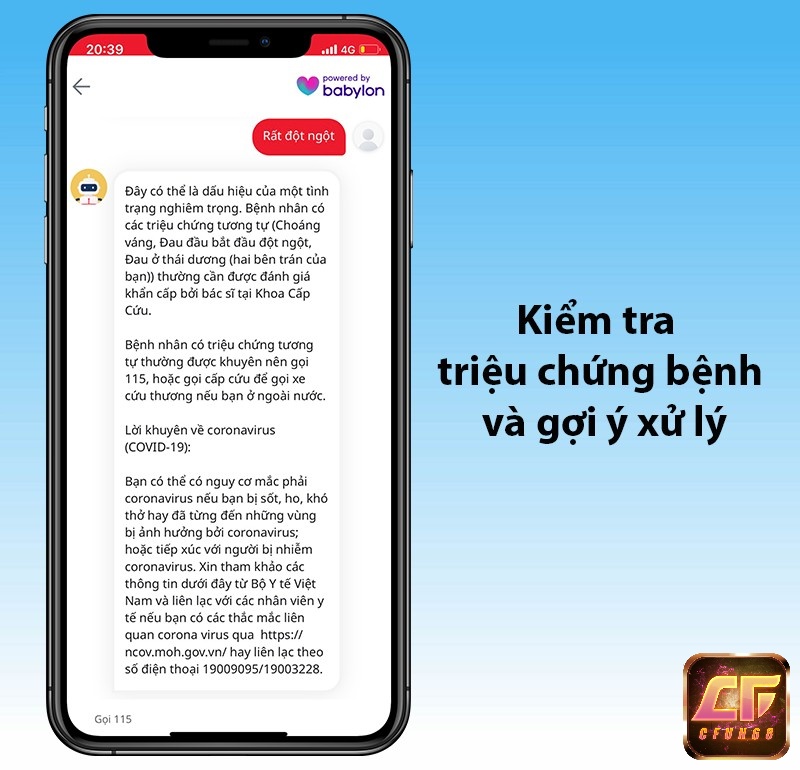 Ứng dụng sẽ đưa ra những câu hỏi khảo sát về tình hình sức khỏe và dựa vào câu trả lời của người dùng để phán đoán