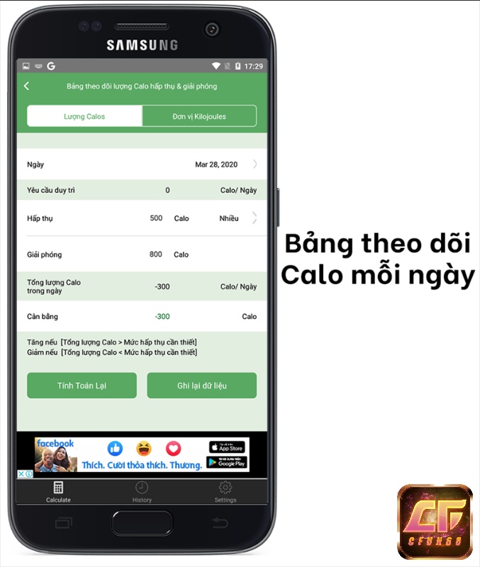 Tính năng của App cho phép người dùng tính toán số lượng calo cân bằng trong một ngày cho cơ thể