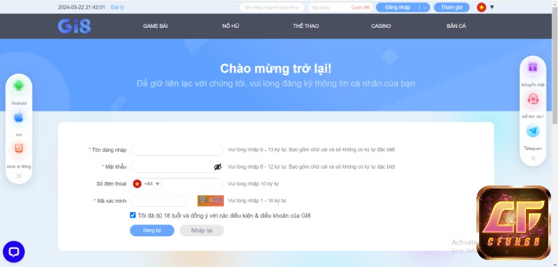 Đăng kí tạo tài khoản tại Gi8 nhanh chóng và cực kì đơn giản