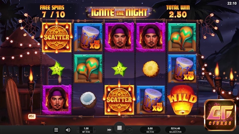 Giao diện chính của slot game Ignite The Night với các biểu tượng đặc trưng khác nhau