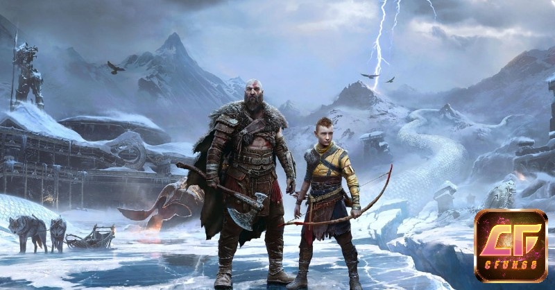 Hình ảnh Kratos và Atreus trong một khung cảnh đầy thần thoại Bắc Âu, thể hiện sức mạnh và tình cha con