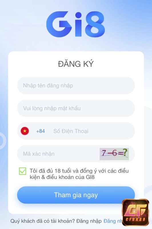 Quá trình tạo tài khoản Gi8 trên thiết bị di động gồm điền thông tin cá nhân, số điện thoại, mã xác nhận và xác nhận điều khoản