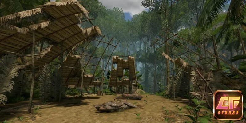 Nhân vật đứng trước khu trại trong rừng, ánh sáng u tối và không khí căng thẳng của tuyến truyện