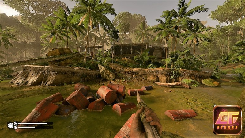 Cảnh người chơi hoàn thiện một trại sinh tồn, có giá treo, lửa trại và dụng cụ đặt gọn theo khu vực