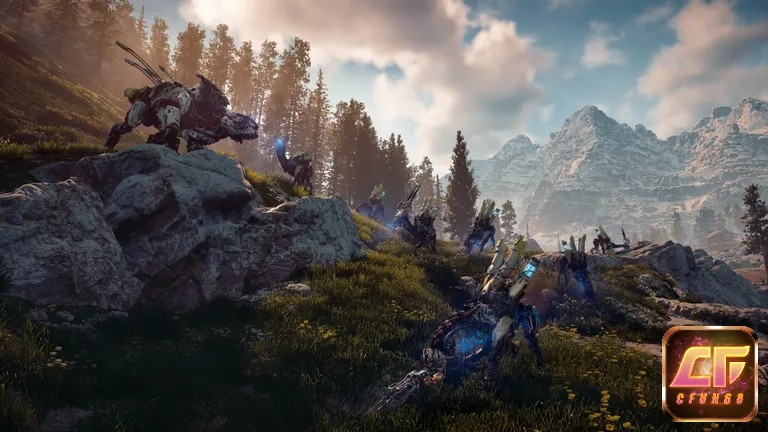 Toàn cảnh thung lũng với thú máy ở xa và rừng cây dày