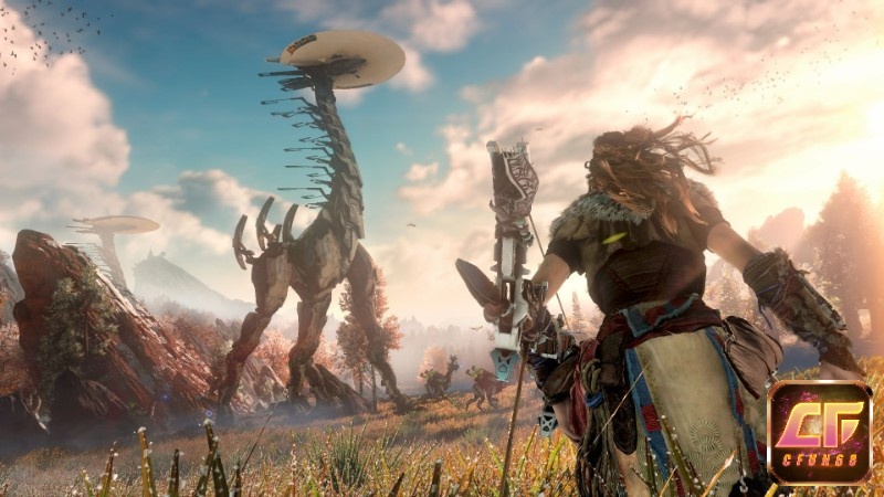 Cánh đồng cỏ và thú máy tuần tra trong game Horizon Zero Dawn