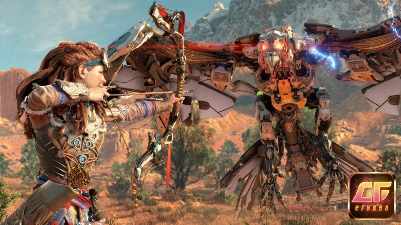 Aloy ngắm bắn điểm yếu thú máy bằng cung tên