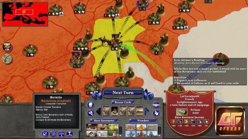 Bản đồ World Conquest trong Rise of Nations Extended Edition với khu vực kiểm soát