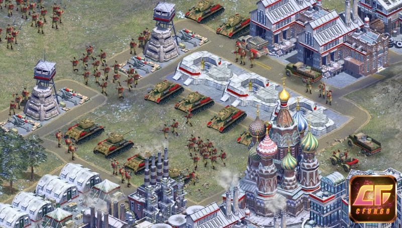 Bản đồ isometric trong Rise of Nations Extended Edition với công trình và quân đội thời kỳ hiện đại