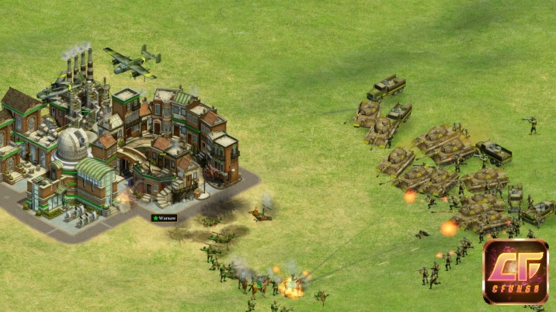 Góc nhìn isometric trong Rise of Nations Extended Edition với quân đội và công trình phòng thủ