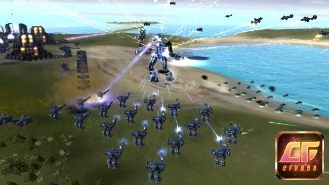 Căn cứ RTS với nhà máy, mỏ tài nguyên và tuyến phòng thủ nhiều lớp