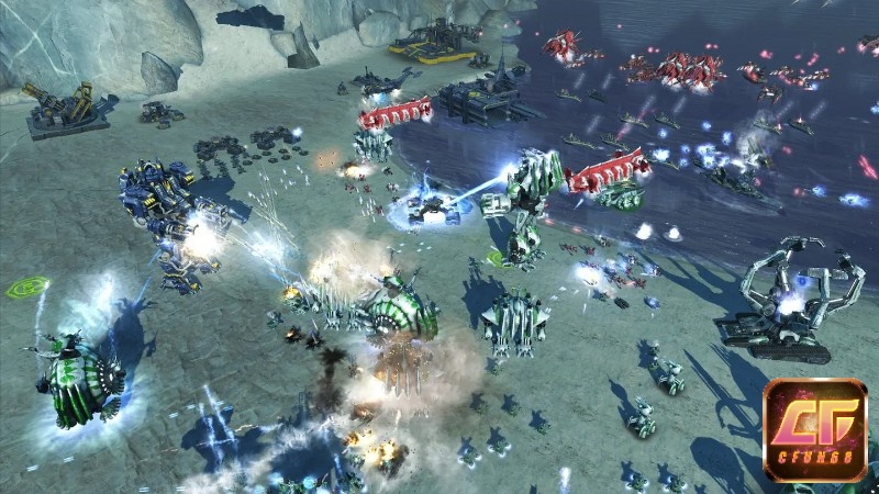 Màn hình giao tranh nhiều người chơi với căn cứ và đội hình đơn vị trên bản đồ quy mô vừa