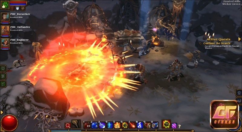 Pháp sư lửa thi triển phép trong Torchlight II ở hành lang hầm ngục chật hẹp