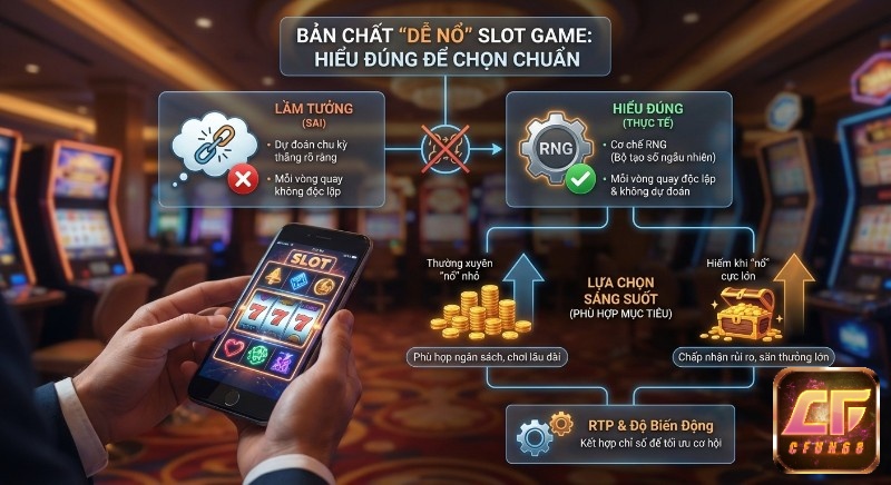 Hướng dẫn chọn slot game "dễ nổ" chuẩn bằng cách hiểu đúng cơ chế RNG, RTP và độ biến động, tối ưu cơ hội thắng cược theo mục tiêu cá nhân