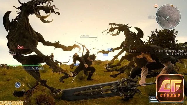 Nhóm nhân vật nghỉ chân tại điểm cắm trại trong game Final Fantasy XV giữa hành trình khám phá