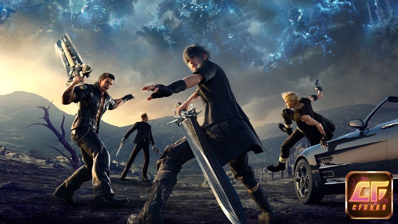 Bộ tứ nhân vật và Regalia trong game Final Fantasy XV giữa thế giới mở Lucis