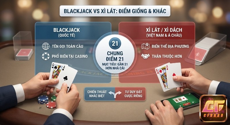 Bảng so sánh chi tiết khác biệt blackjack vs xì lát, làm rõ điểm chung 21 và những khác biệt chiến thuật