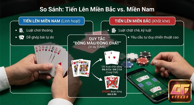 Bảng so sánh luật chơi tiến lên miền bắc chặt chẽ và Miền Nam linh hoạt, minh họa quy tắc đồng màu đồng chất quan trọng của TLMB