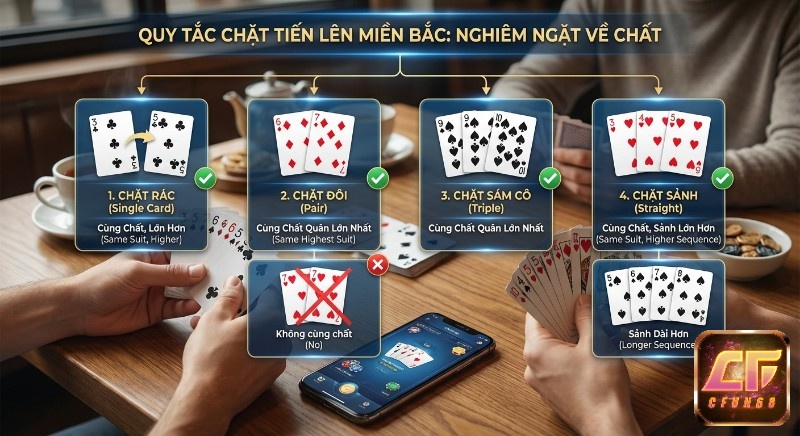 Giải thích luật chơi tiến lên miền bắc chặt bài, minh họa rõ ràng các trường hợp chặt rác, đôi, sám cô, sảnh theo yêu cầu cùng chất