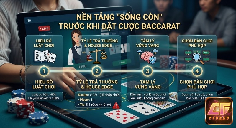 Quy trình 4 bước nền tảng sống còn để có cách đặt cược baccarat hiệu quả: nắm luật, hiểu tỷ lệ & HE, tâm lý vững vàng, chọn bàn phù hợp