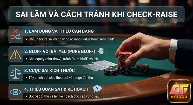 Checklist 4 sai lầm cần tránh khi Check-raise, từ lạm dụng và bluff yếu đến cược sai kích thước và thiếu kế hoạch