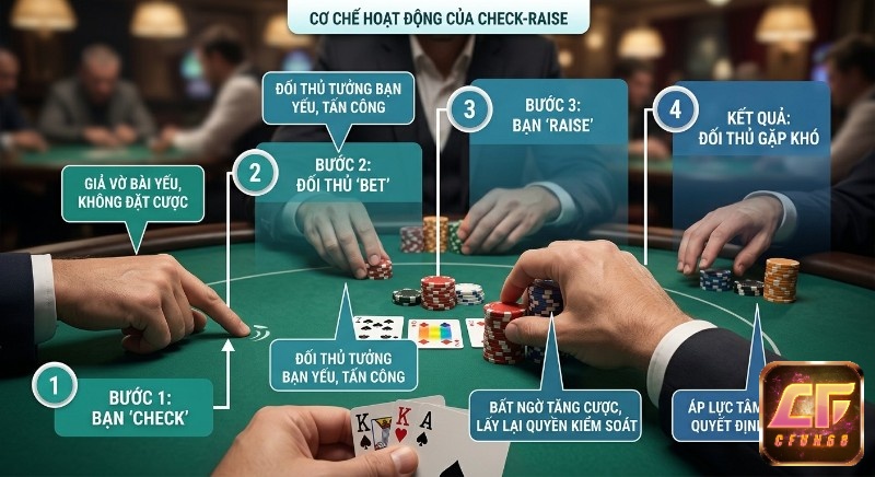 Quy trình 4 bước giải thích cơ chế Check-raise là gì , chiến thuật giả vờ bài yếu để lừa và lấy lại quyền kiểm soát từ đối thủ