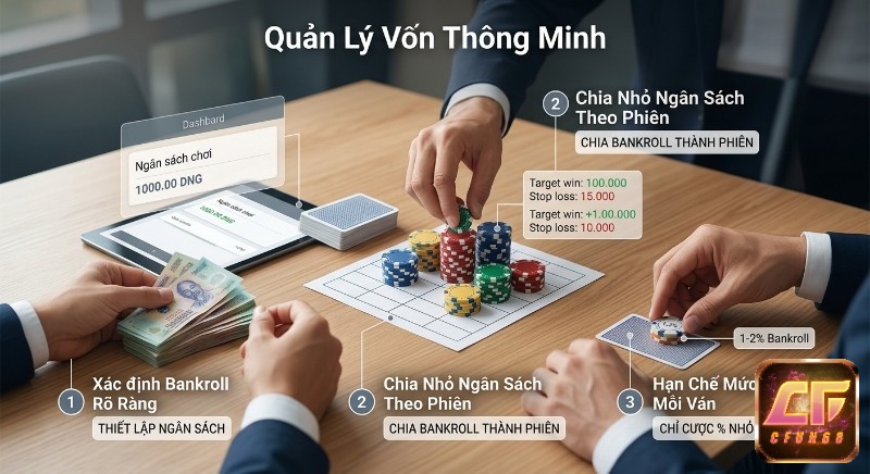 Quy trình 3 bước quản lý vốn thông minh: thiết lập bankroll, chia nhỏ ngân sách theo phiên và hạn chế cược 1-2% mỗi ván