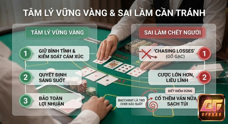 Quy tắc xây dựng tâm lý vững vàng và các sai lầm chết người khi chơi&nbsp;kinh nghiệm chơi baccarat thắng lớn, giúp giữ bình tĩnh, tránh gỡ gạc và biết điểm dừng