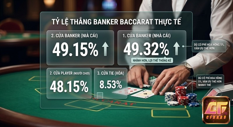 Tỷ lệ thắng Banker Baccarat thực tế 49,32% cao hơn Player 48,15% cùng lợi thế dù chịu 5% hoa hồng