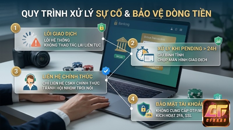 Quy trình xử lý sự cố giao dịch và bảo vệ dòng tiền: không thao tác lại khi lỗi, xử lý giao dịch pending, liên hệ CSKH chính thức, bảo mật tài khoản 2FA, SSL