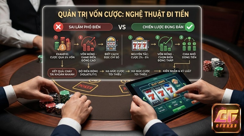 Cách chơi casino trực tuyến: so sánh sai lầm (cược >5% vốn, game biến động cao) và chiến lược đúng (cược 2-5%, game biến động thấp, chia nhỏ tiền)