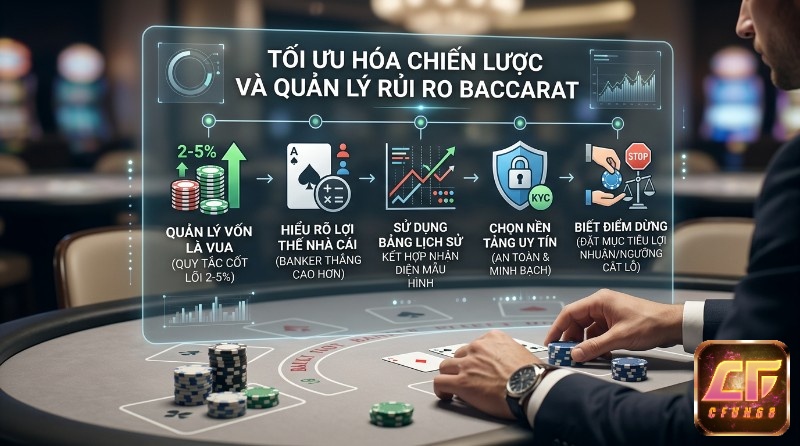 Tối ưu hóa chiến lược và quản lý rủi ro Baccarat với 5 nguyên tắc: quản lý vốn 2-5%, hiểu lợi thế nhà cái, sử dụng bảng lịch sử, chọn nền tảng uy tín, biết điểm dừng