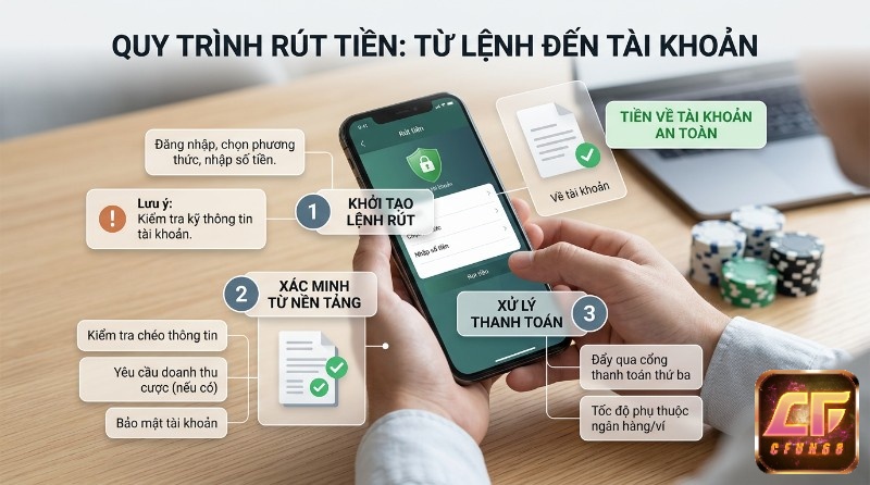 Quy trình cách rút tiền casino trực tuyến an toàn gồm 3 bước, khởi tạo lệnh trên điện thoại, nền tảng xác minh thông tin, và xử lý thanh toán qua cổng thứ ba