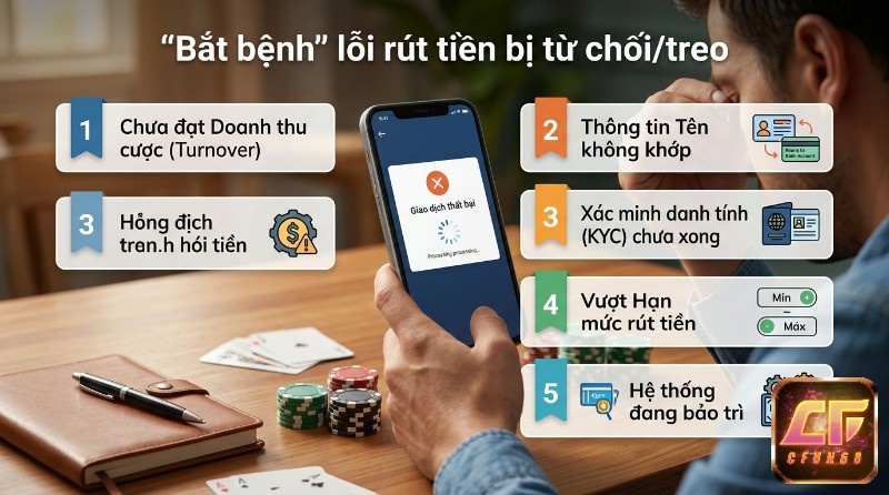 "Bắt bệnh" lỗi rút tiền bị từ chối/treo: điện thoại hiển thị giao dịch thất bại cùng 5 nguyên nhân: doanh thu cược, tên không khớp, KYC, hạn mức, bảo trì