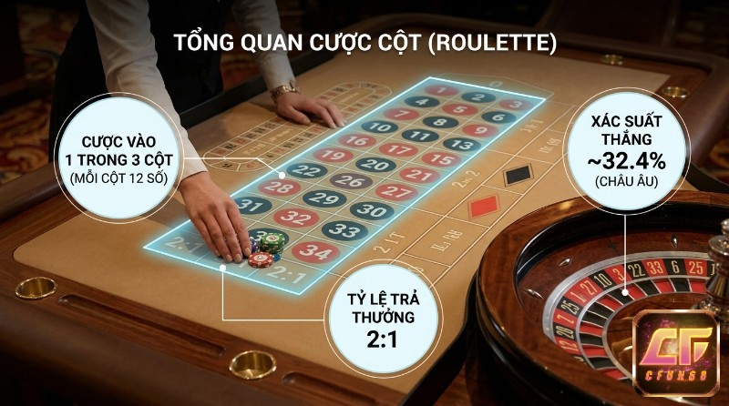 Column bet roulette là gì? Đặt cược vào 1 trong 3 cột (mỗi cột 12 số) với tỷ lệ trả thưởng 2:1, xác suất thắng 32.4% (chuẩn châu Âu)