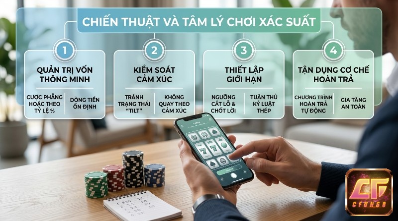 Chiến thuật và tâm lý chơi&nbsp;game online cho Android&nbsp;xác suất: quản trị vốn thông minh, kiểm soát cảm xúc, thiết lập giới hạn, tận dụng hoàn trả, với người chơi dùng điện thoại và chip poker