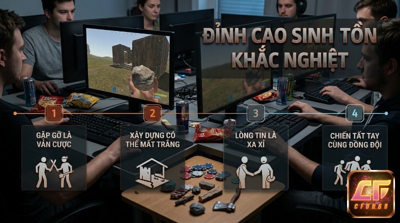Game online sinh tồn hay nhất, Rust PvP khắc nghiệt, bốn người chơi máy tính trải nghiệm xã hội tàn bạo, xây dựng có thể mất trắng, lòng tin xa xỉ, chiến đấu đồng đội