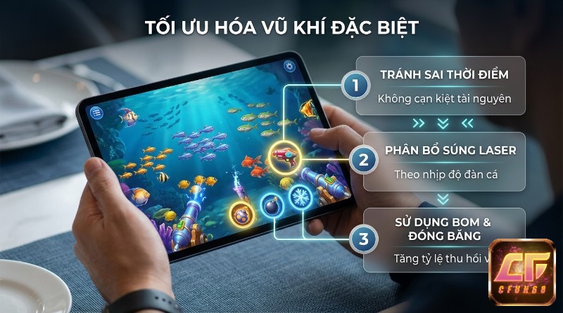 Tối ưu hóa vũ khí đặc biệt trong game bắn cá, người chơi dùng súng Laser, Bom, Đóng băng theo nhịp độ đàn cá trên máy tính bảng để tăng thu hồi vốn