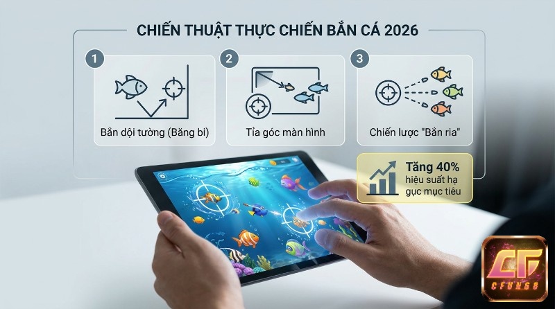 Chiến thuật bắn cá 2026 gồm bắn dội tường, tỉa góc màn hình, bắn ria, giúp tăng 40% hiệu suất hạ gục mục tiêu khi chơi trên tablet trong kinh nghiệm chơi bắn cá