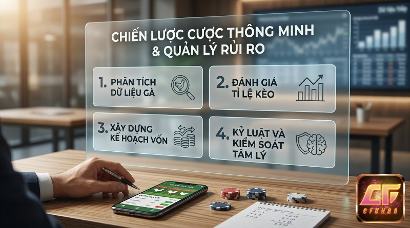 Kinh nghiệm cược đá gà thông minh và quản lý rủi ro với 4 bước: phân tích dữ liệu gà, đánh giá kèo, kế hoạch vốn, kỷ luật tâm lý, người dùng thao tác ứng dụng