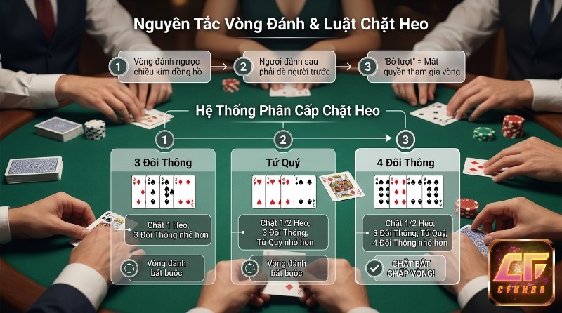 Nguyên tắc vòng đánh và luật chặt Heo luật chơi Tiến Lên Miền Nam: vòng ngược chiều, đè bài, bỏ lượt, cùng phân cấp chặt 3 đôi thông, tứ quý, 4 đôi thông
