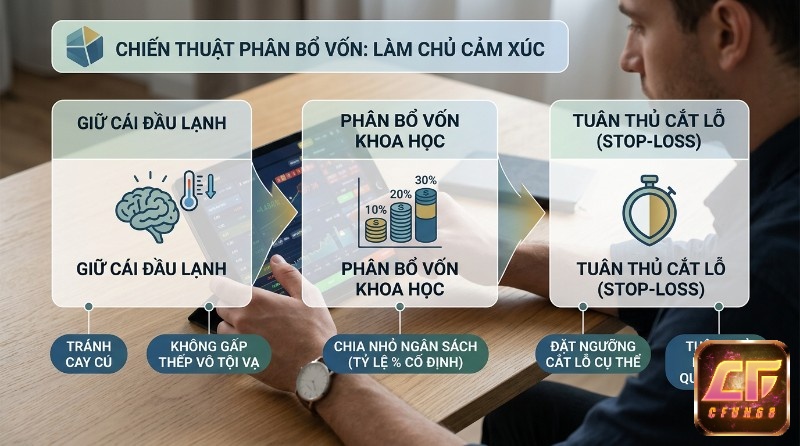 Chiến thuật phân bổ vốn làm chủ cảm xúc: giữ cái đầu lạnh, tránh cay cú, chia nhỏ ngân sách 10-30%, đặt ngưỡng cắt lỗ, tuân thủ kỷ luật