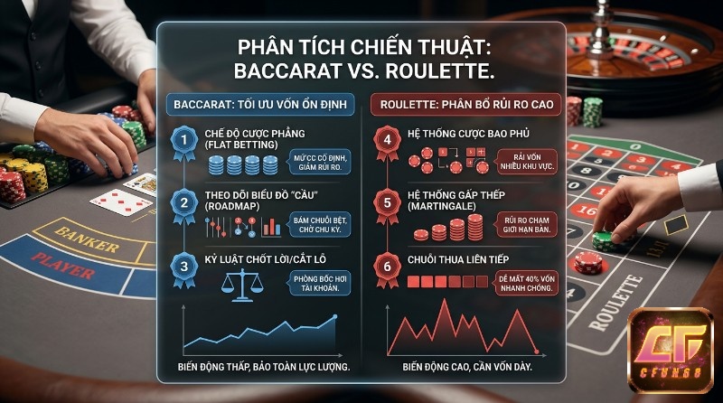 Phân tích chiến thuật Baccarat tối ưu vốn ổn định với biến động thấp, so với Roulette phân bổ rủi ro cao và biến động lớn