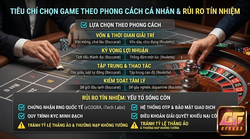 Tiêu chí chọn so sánh roulette vs baccarat, dựa trên vốn, lợi nhuận, tâm lý và rủi ro tín nhiệm, qua chứng nhận RNG, KYC, OTP